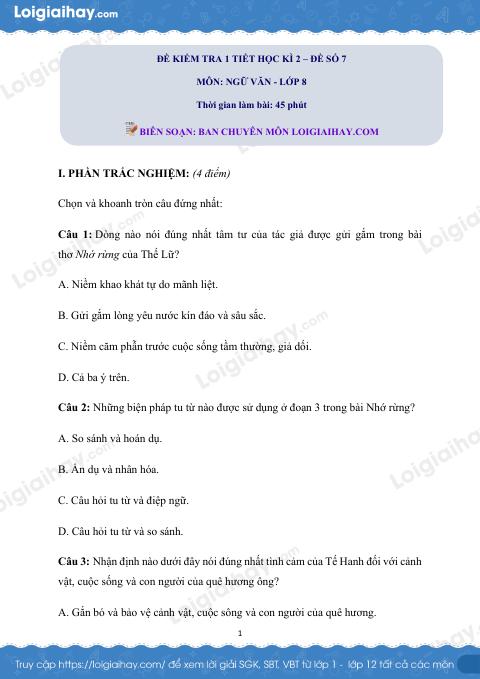 Đề kiểm tra 1 tiết Văn 8 - Đề số 7